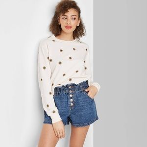 High rise button front paper bag waist jean shorts